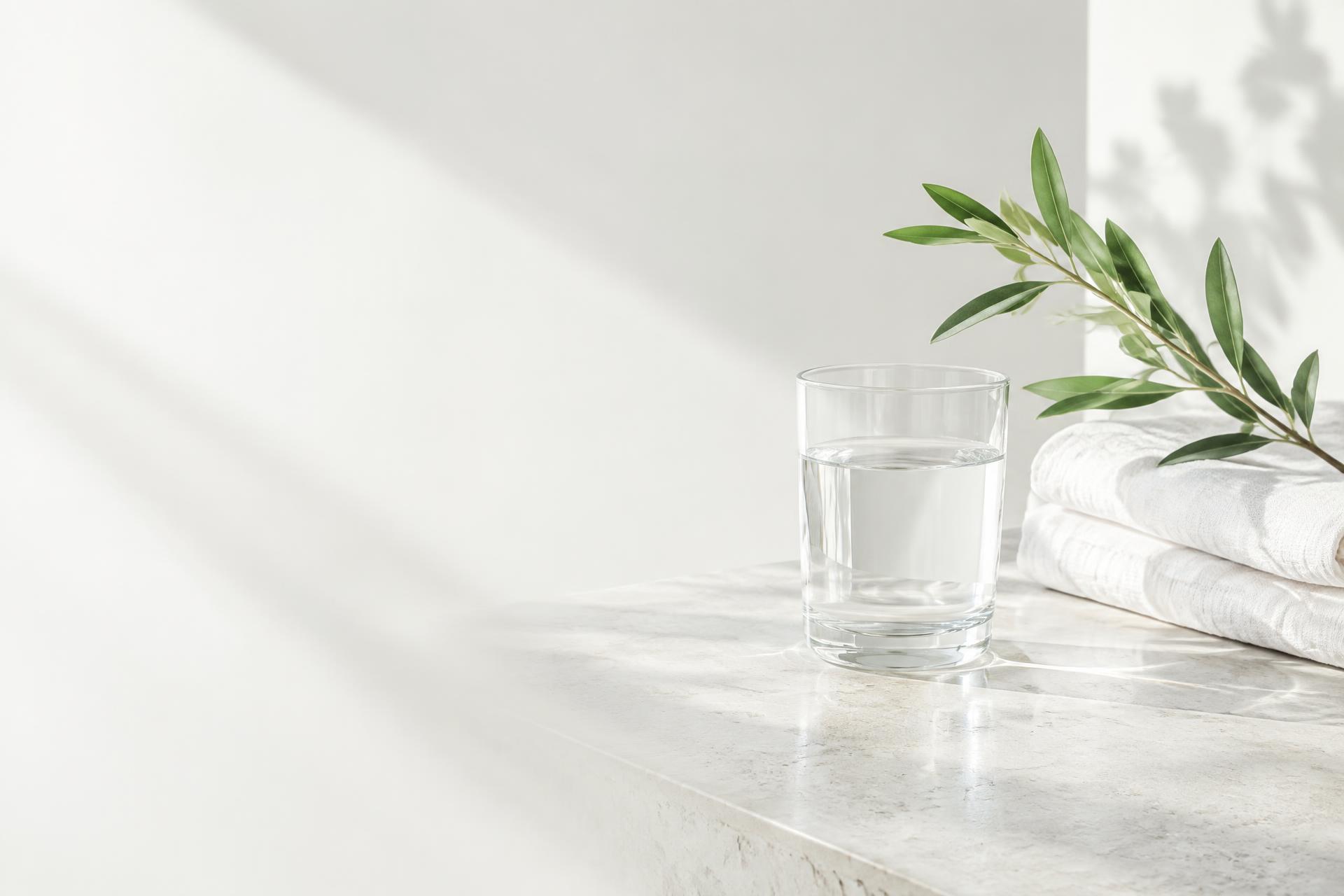 A glass of water, fresh greenery, and clean linen in natural light